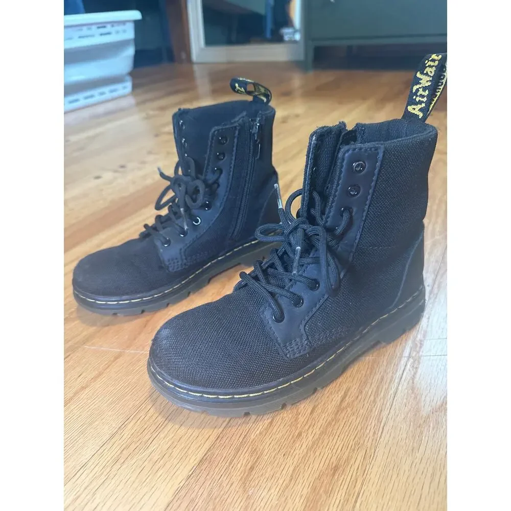 Dr Martens Combs Combat Boots Youth Sz 1 Black Canvas Side Zip Lace Up